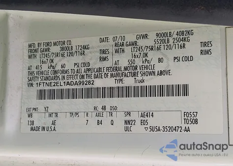 2010 Ford E-250 Commercial from USA, damaged, VIN 1FTNE2EL1ADA99282